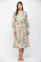FATE Waist Tie Floral Print Midi Dress in Seafoam Multi