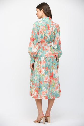FATE Waist Tie Floral Print Midi Dress in Seafoam Multi
