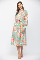 FATE Waist Tie Floral Print Midi Dress in Seafoam Multi
