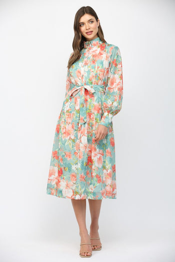 FATE Waist Tie Floral Print Midi Dress in Seafoam Multi