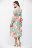 FATE Waist Tie Floral Print Midi Dress in Seafoam Multi