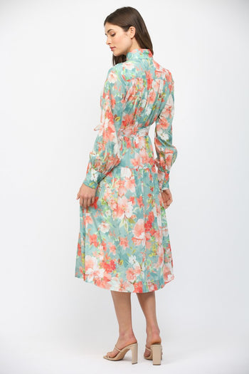 FATE Waist Tie Floral Print Midi Dress in Seafoam Multi