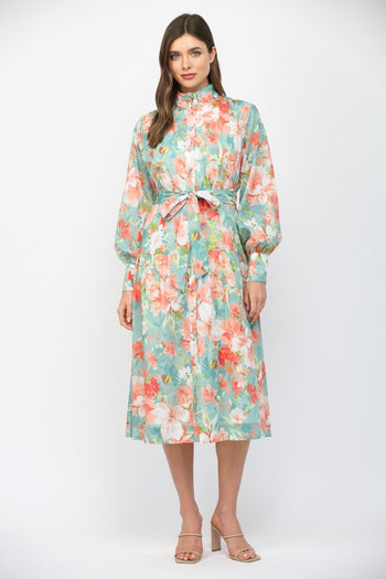 FATE Waist Tie Floral Print Midi Dress in Seafoam Multi