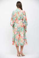 FATE Waist Tie Floral Print Midi Dress in Seafoam Multi