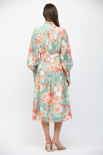 FATE Waist Tie Floral Print Midi Dress in Seafoam Multi