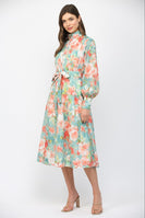 FATE Waist Tie Floral Print Midi Dress in Seafoam Multi