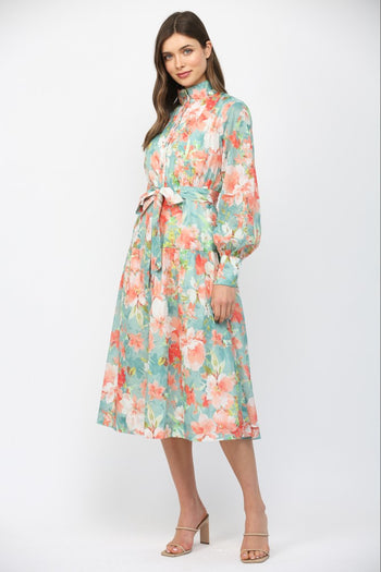 FATE Waist Tie Floral Print Midi Dress in Seafoam Multi