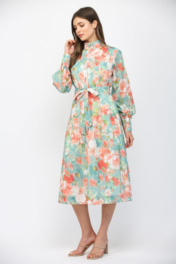 FATE Waist Tie Floral Print Midi Dress in Seafoam Multi