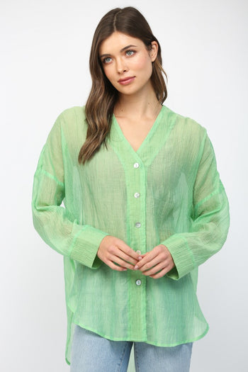 Fate Crinkled Button Up Top in Mint