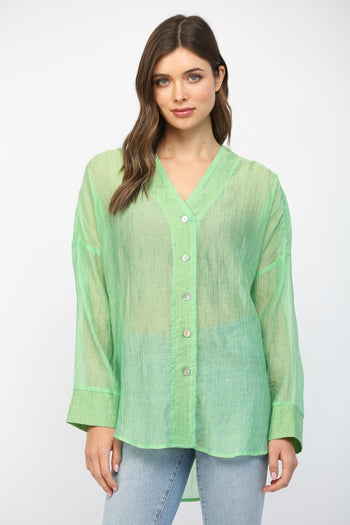 Fate Crinkled Button Up Top in Mint