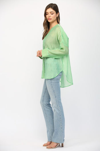 Fate Crinkled Button Up Top in Mint