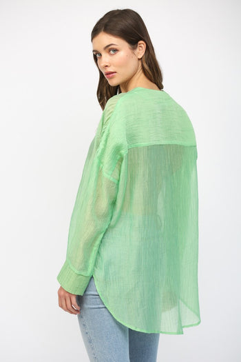 Fate Crinkled Button Up Top in Mint