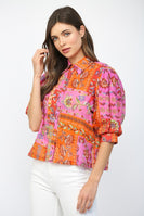 FATE Floral Motif Print Balloon Sleeve Top in Fuchsia Mix