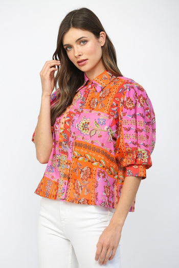 FATE Floral Motif Print Balloon Sleeve Top in Fuchsia Mix