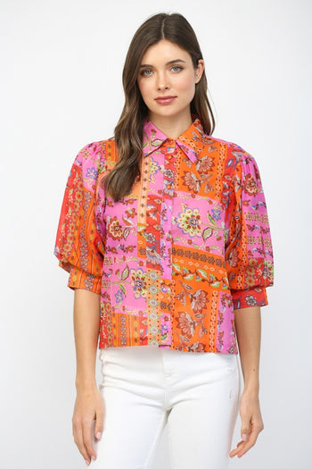 FATE Floral Motif Print Balloon Sleeve Top in Fuchsia Mix
