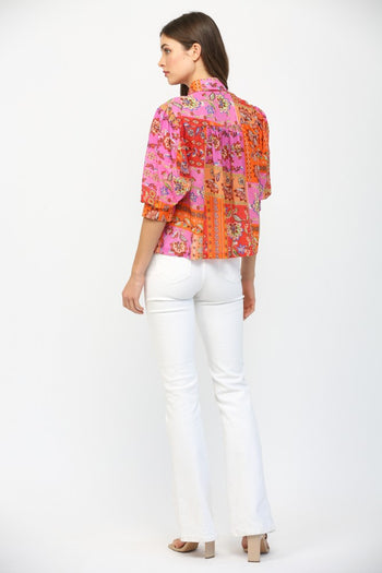 FATE Floral Motif Print Balloon Sleeve Top in Fuchsia Mix