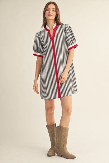 Jodifl Striped Button Front Puff Sleeve Dress in Black