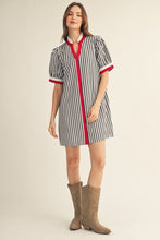 Load image into Gallery viewer, Jodifl Striped Button Front Puff Sleeve Dress in Black
