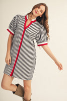 Jodifl Striped Button Front Puff Sleeve Dress in Black
