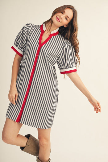 Jodifl Striped Button Front Puff Sleeve Dress in Black