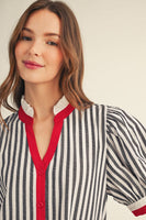 Jodifl Striped Button Front Puff Sleeve Dress in Black