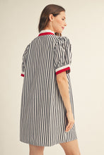 Load image into Gallery viewer, Jodifl Striped Button Front Puff Sleeve Dress in Black
