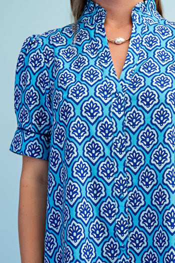 GiGio Bright Printed Button Down Midi Dress in Sapphire Mix