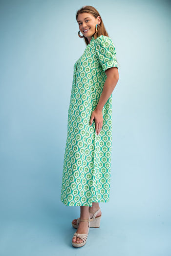 GiGio Bright Printed Button Down Midi Dress in Grass Mix