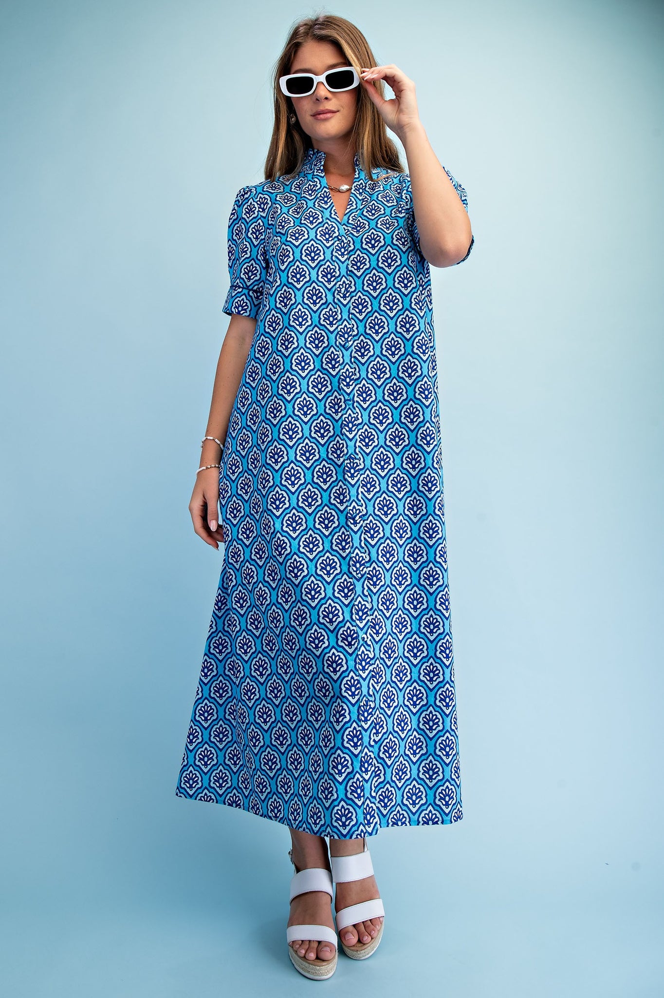 GiGio Bright Printed Button Down Midi Dress in Sapphire Mix S at June Adel