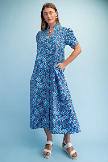 GiGio Bright Printed Button Down Midi Dress in Sapphire Mix – June Adel