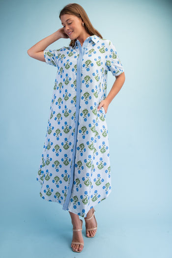 GiGio Striped Floral Maxi Dress in Blue Mix