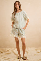 BiBi Stripes And Eyelet Lace Ruffled Top And Shorts Set in Eucalyptus