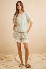 Load image into Gallery viewer, BiBi Stripes And Eyelet Lace Ruffled Top And Shorts Set in Eucalyptus
