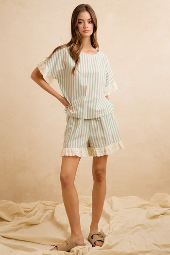 BiBi Stripes And Eyelet Lace Ruffled Top And Shorts Set in Eucalyptus