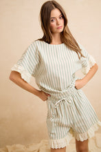 Load image into Gallery viewer, BiBi Stripes And Eyelet Lace Ruffled Top And Shorts Set in Eucalyptus
