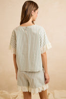 BiBi Stripes And Eyelet Lace Ruffled Top And Shorts Set in Eucalyptus
