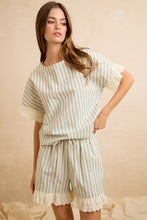 Load image into Gallery viewer, BiBi Stripes And Eyelet Lace Ruffled Top And Shorts Set in Eucalyptus
