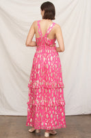 EN CREME Metallic Polka Dot Maxi Dress With Side Cut-outs in Fuchsia