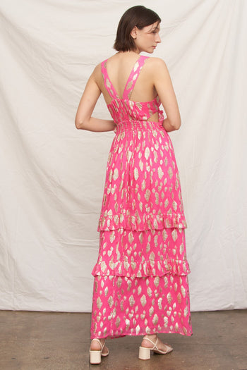 EN CREME Metallic Polka Dot Maxi Dress With Side Cut-outs in Fuchsia