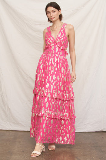 EN CREME Metallic Polka Dot Maxi Dress With Side Cut-outs in Fuchsia