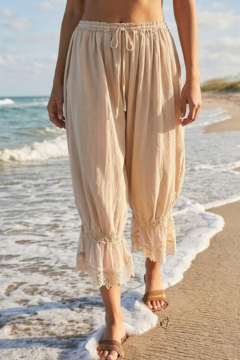 LovLov Boho Vintage Lace Trimmed Cropped Pants in Oatmeal