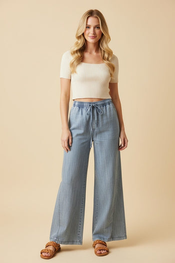 Heimish Elastic Drawstring Wide Leg Pants in Denim