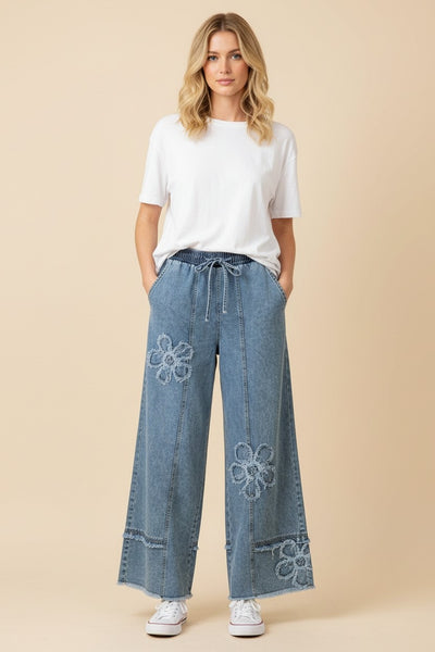 Heimish Floral Appliqué Wide Leg Denim Pants in Denim – June Adel