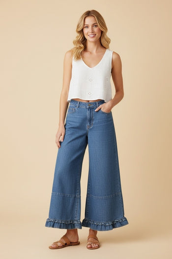 Heimish Ruffle Hem Wide Leg Cropped Denim Pants in Denim