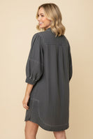 Heimish Zip Front Puff Sleeve Denim Mini Shift Dress in Dark Grey