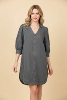 Heimish Zip Front Puff Sleeve Denim Mini Shift Dress in Dark Grey