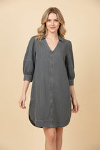 Load image into Gallery viewer, Heimish Zip Front Puff Sleeve Denim Mini Shift Dress in Dark Grey
