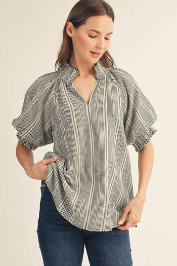 Jodifl Ruffle Detail Stripe Top in Black