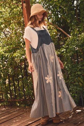 Oddi Mixed Stripe Patchwork Overall Dress in Washed Denim