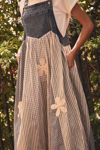Oddi Mixed Stripe Patchwork Overall Dress in Washed Denim – June Adel